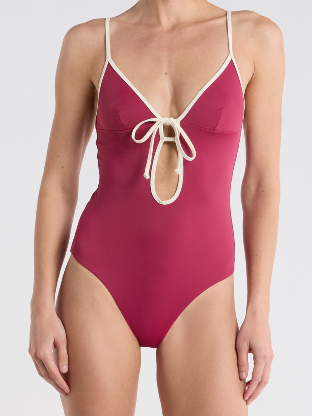 Onia Berry Tie-Front One-Piece with Cream Trim